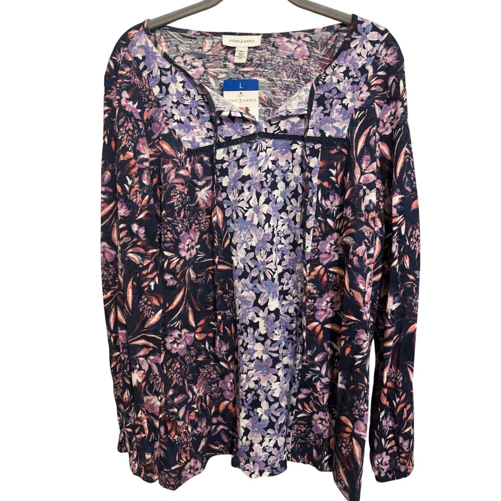 NEW Vintage America Women's Peasant Blouse Size L Wind Blown Floral Boho Office